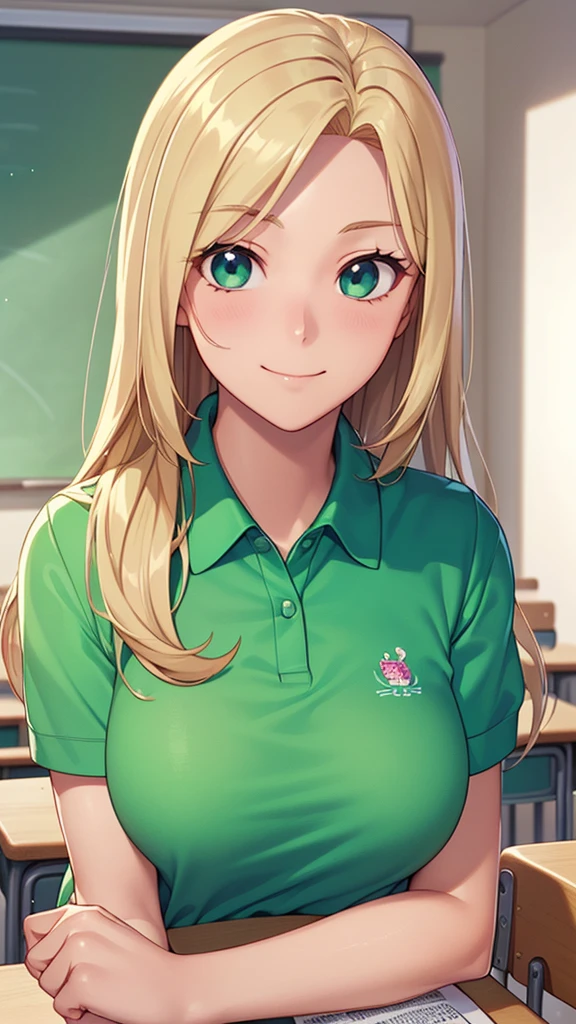 ((masterpiece, Best Quality, High resolution, 超High resolution, Pixel perfect, Depth of written boundary, 4K, RTTX 10.0, High resolution))), ((One person, single, Alone,))Beautiful anime, Beautiful art style, Anime characters, ((Long Hair, Parted bangs, Blonde)、straight hair), (Green Eyes:1.4, Round eyes, Beautiful eyelashes, Realistic eyes), (Detailed face, ), (Smooth texture:0.75, Realistic texture:0.65, Realistic:1.2, Anime CG style), ( from front、top of head,), ((upper bod))y perfect body, Big Breasts, ((Uniform polo shirt、Short sleeve、)), smile, Open your mouth, classroom