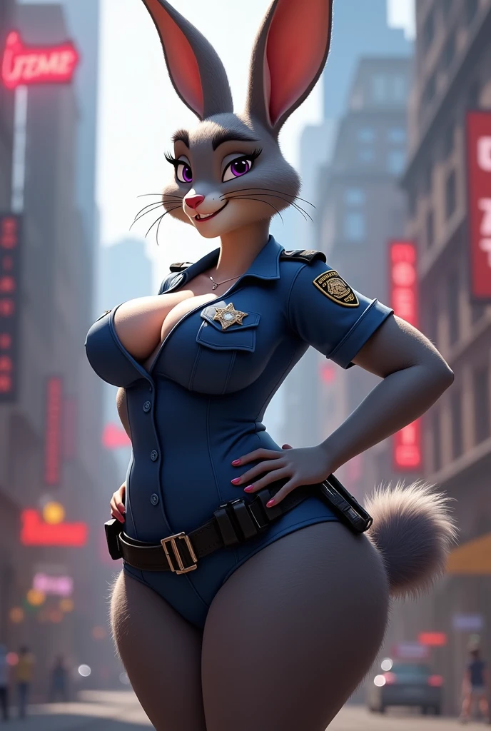 uploaded on e621, nsfw, raw photo, anthro, detailed face, detailed fur, snout, judy hopps, (black ((halfway zipped)) jumpsuit), holster, belt, night rooftop background, shadows, dark, tight bodysuit, tatical gear, looking at viewer, (serious face), big breasts, black gloves, knee high boots, thick, hide hips, thick thighs, (cleavage), nipple outline, leaning forward, seduced