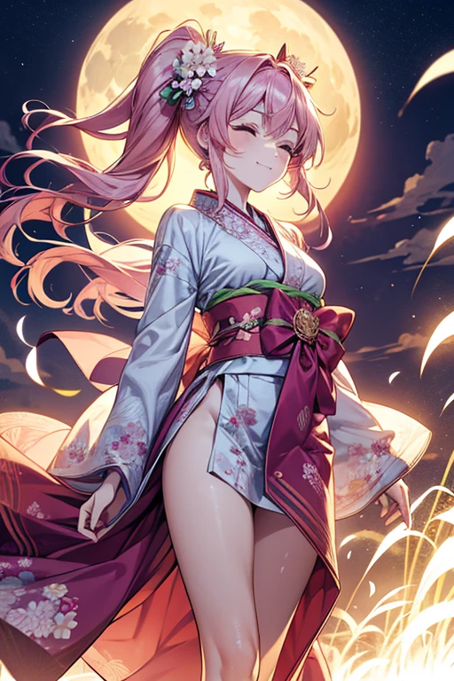 portrait,landscape,painting,illustration,yae miko, sleeves separated, strapless, (sideboob:1.45), pink hair, long hair, Japanese clothing,festive atmosphere,(grand fireworks display in the night sky),sparkling fireworks,mesmerizing colors,romantic ambiance,futuristic skyscrapers,tall buildings,reaching towards the sky,glowing neon lights,amazing architectural design,twinkling stars,celebration of the new year,overwhelming sense of excitement,magical moment,inspiring and artistic composition. best quality,4k,8k,highres,masterpiece:1.2,ultra-detailed,realistic:1.37,