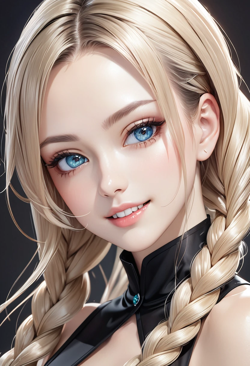 anime styled、One Person18Beautiful woman of age、Moisturized and beautiful eyes、ciri、a picture、androgynous hunnuman、oval jaw、Delicate features、Beautiful expression、Beautiful blonde hair、Long bangs、long pony tail、Blue eyes with a beautiful glow、LDS Art