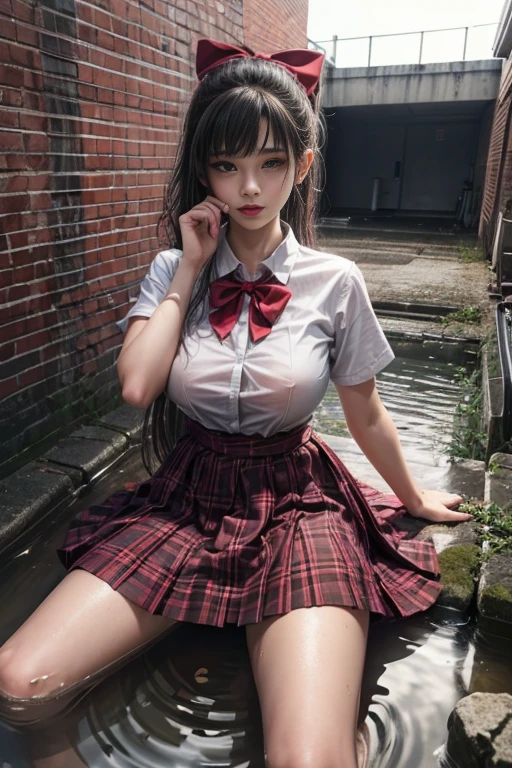tropical rainforest , waistband of skirt is at the point above chest , school girl big breast , red knot , red bow , skirt dark red , plaid skirt , pleated skirt , dirty white Shirt , realisitic、top-quality、crisp photos 、a lot of garbage and junk 、((beautiful a girl、Constricted waist、Neat face、Most beautiful face、Elaborate face、dense dirty brown hair、Refreshing look、Pleasant look、Happy expression、Joy covered in filth、Glad to get dirty))、(dirty school girl uniform、Tangier、brawn hair)、((long and beautiful legs are dirty、Lying face down on filth、Girl with beautiful ass、Scoop out filth with both hands、Beautiful girl's hair is covered in mud、The joy of lying in dirty sewage))、(((I want to smear filth all over my body.、A large amount of sewage flows down the head、The whole body is full of filth、Stick out your buttocks and open your legs、a large amount of dirty garbage and waste,,、Heaps of garbage))