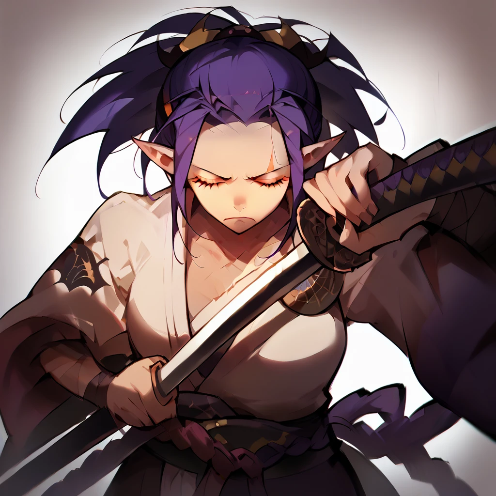 1girl, Solo, Closed Eyes, Purple Ponytail, Breasts, Long Pointy Ears, Closed Mouth, Frown, Blind Girl, Black Samurai Clothes, Simple Background, Hairband, Scar Across Eye, holding a katana, tall girl, pretty face, POV