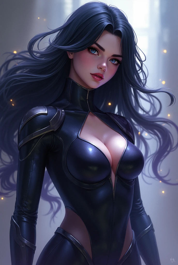 A with pure white straight hair, Latin ancestors, Purple Iris, Wearing a black tactical suit with gold thread、She wears gold earrings in the shape of snakes. Big eyes, Detailed face, Complex grunge costumes, Cinema Lighting, Realistic concept art with strong backlighting,Girl,,Swimwear,Large Breasts