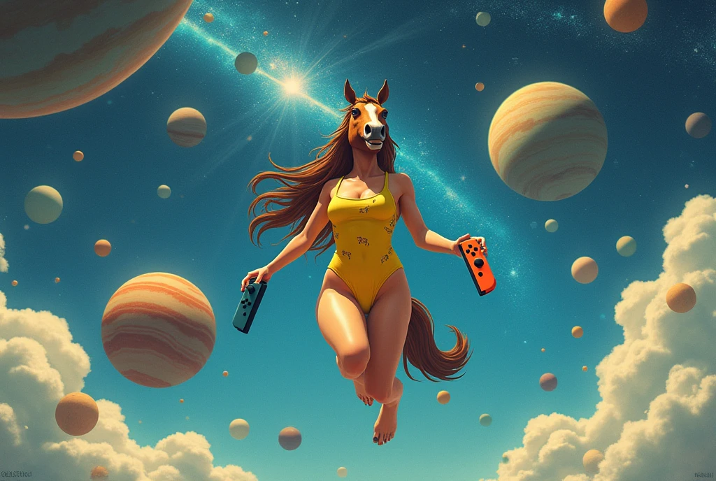 Horse-headed、A girl wearing a yellow school swimsuit with lots of horses on it is riding a horse in a busy street at night in Taiwan, holding a Switch joy-con in both hands. comics