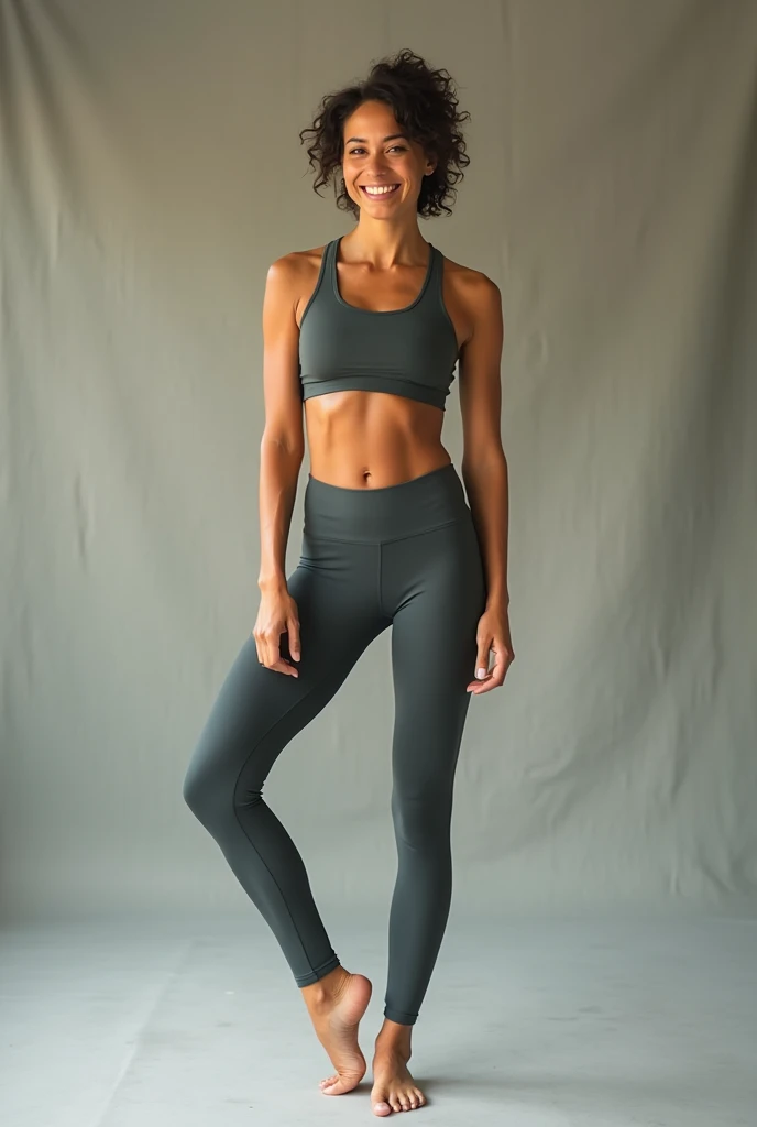40 year old girl, short height, medium breasts and tight sportswear without a bra