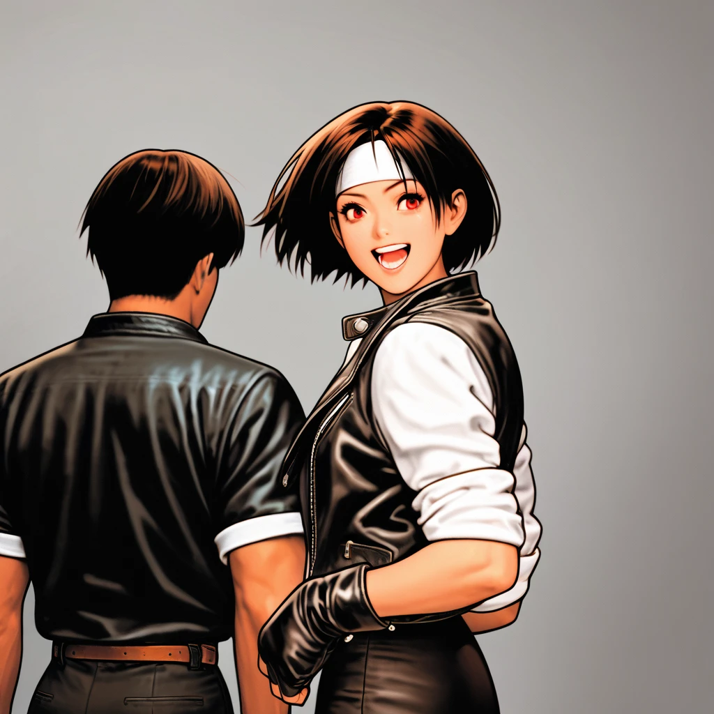 4k, detailed, anime. An older woman, wearing a black leather jacket, is sending a teenager into a room.