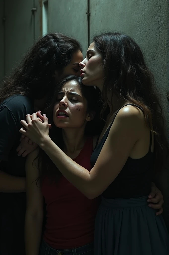 Evelyn, black hair, dirty hair, short hair, blur, cutout, blurred background, portrait, solo, Evelyn, black hair, dirty hair, cutout, upper body, open mouth, tongue, teeth, tongue, POV, looking at the viewer, hands at face level, shows 2 fingers index and middle