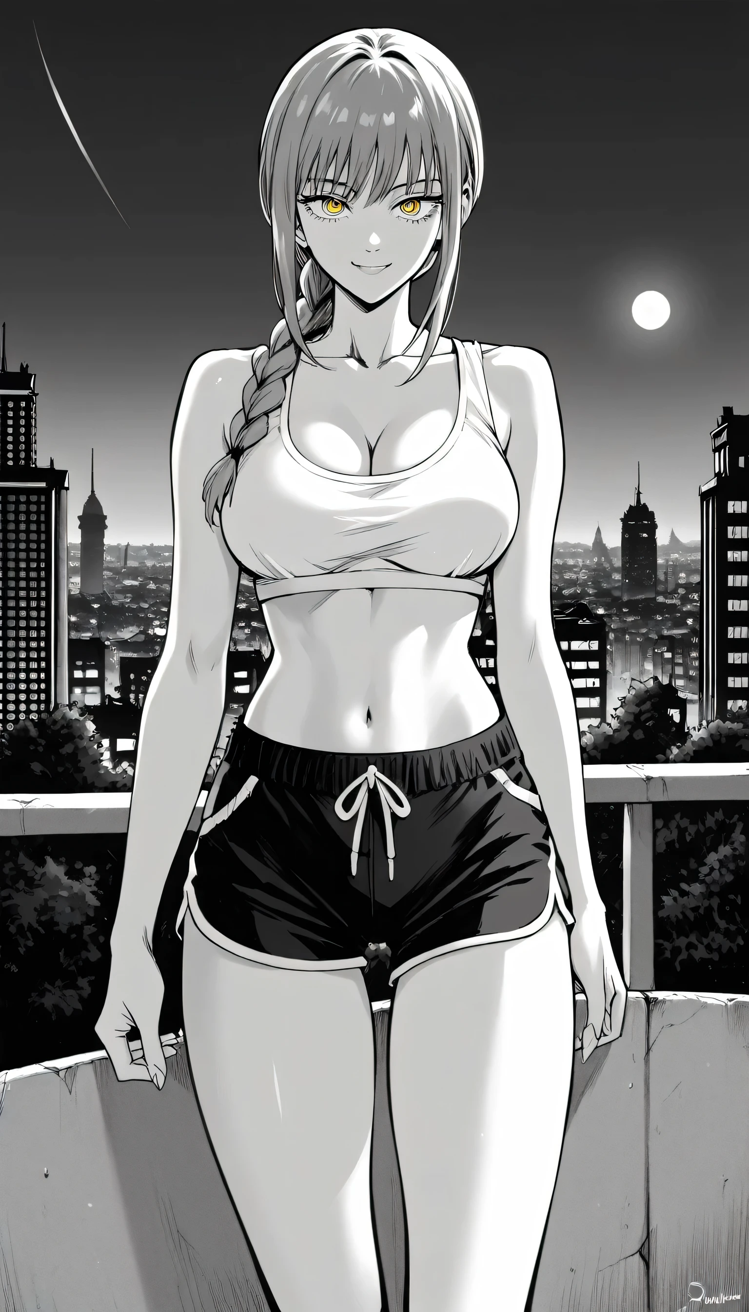 score_9, score_8_up, score_7_up, score_6_up, 1girl. greyscale, adult woman, large breast, thicc thighs, long legs, Makima, chainsaw man, red hair with single braid, yellow eyes, crop top, navel, dolphin shorts, cleavage, smile, night, city, outdoors, standing, collarbone, manga style, anime aesthetic, expressive faces, bold outlines, detailed background, dynamic pose, seinen style, cross hatching, high resolution, high quality, ultra detailed, super defined, sharp focus, crisp lines, ultra realistic, perfect lighting, perfect composition, perfect proportions, perfect perspective, perfect mood, shaded with crosshatching, crosshatching details, crosshatching technique 
