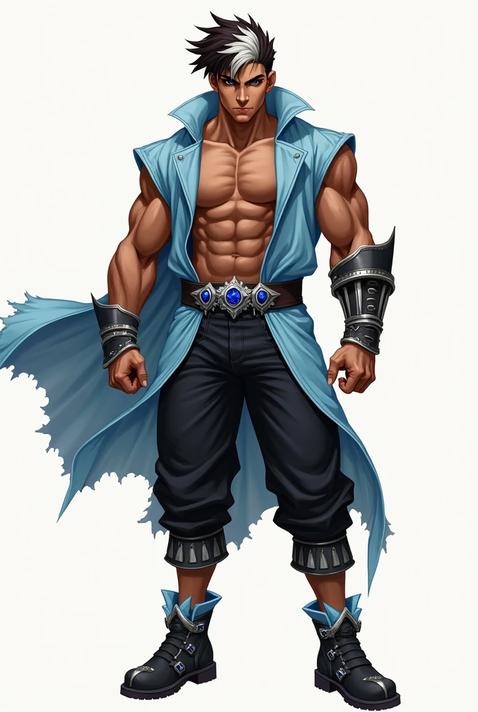 A tall man with long white hair tied up in a bun, broad shoulders, a small waist, six-pack abs, wearing blue pants, iron gloves, iron shoes, thin body.