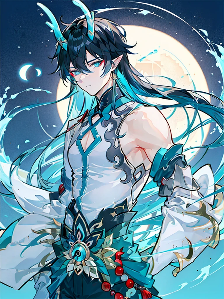 Silver Moon-kun\(Character\),Dragon 1\(Features\),Promenade,parapets,smog,Backlight,Book in hand,Chinese-style corridor,Bamboo,The background is an ancient landscape，bamboo forrest，Small pavilion，blue-sky，bust，exquisite facial features