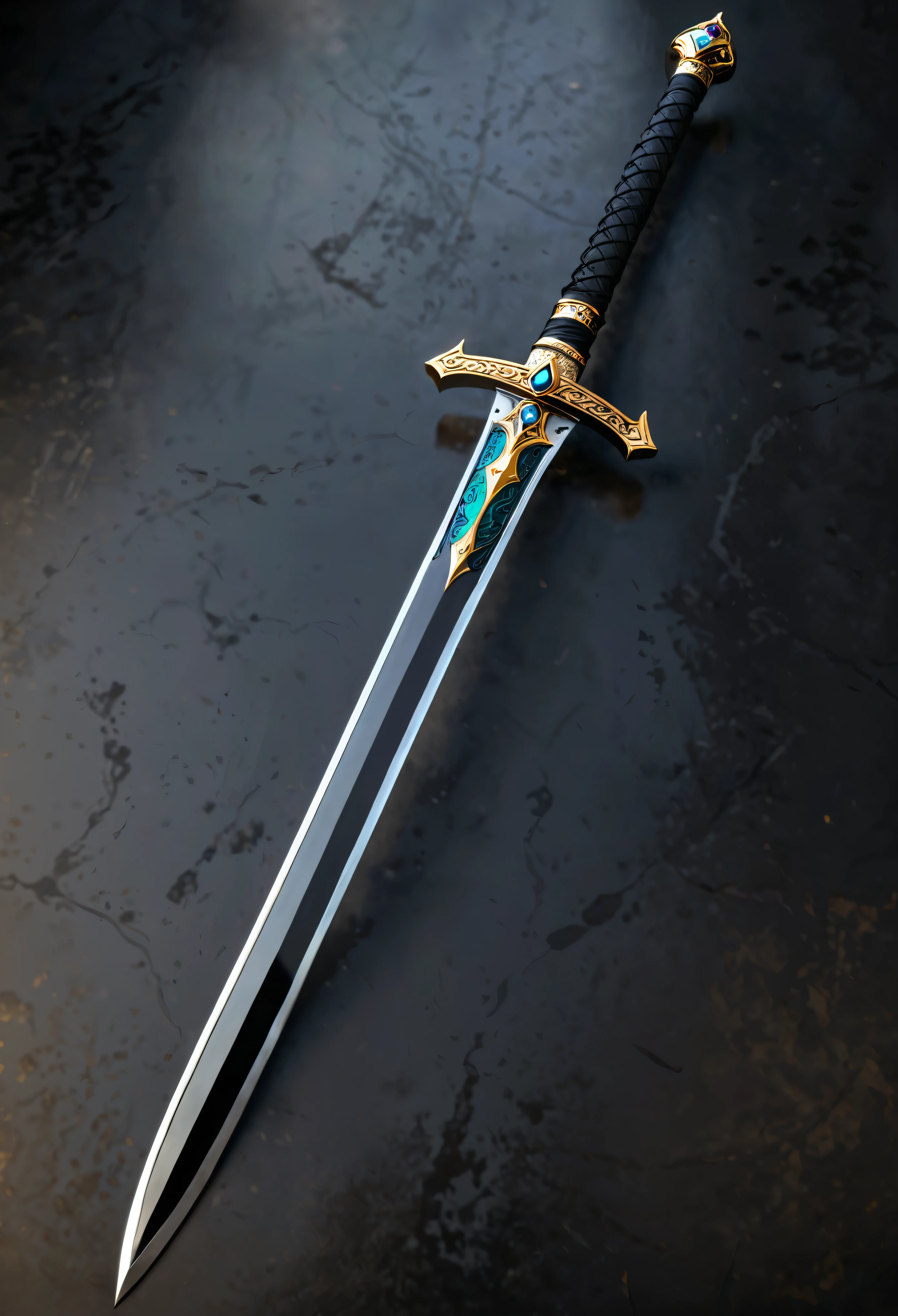 photorealistic fantasy-style image of a beautiful long sword, black metal sword blade with gold runes and two-handed platinum and gemstone handle 