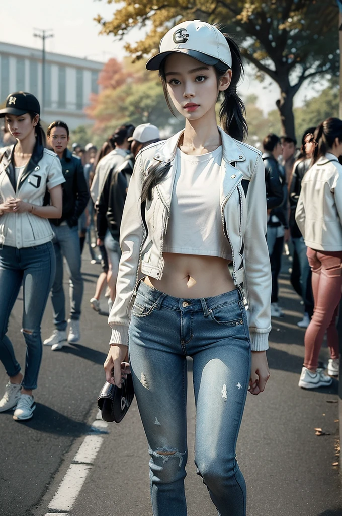 (((best quality))),(((ultra detailed))),(((masterpiece))),illustration,((1 beautiful girl,solo)),((slim,thin)),((small breasts,flat chest)),fashionable,(short ponytail:1.2),(white baseball cap:1.3),(black leather jacket:1.3),(navel:1.2),(tight jeans:1.3),(white sneakers:1.2),(slender legs:1.2),(standing:1.3),(arms behind back:1.3),waiting,contemplative gaze, serene dusk atmosphere, school gate, modern architecture, overcast sky,(surrounded by crowded crowds:1.5),solitary trees, warm ambiance, adolescent innocence, campus life,(early autumn:1.3),((from front,full body))