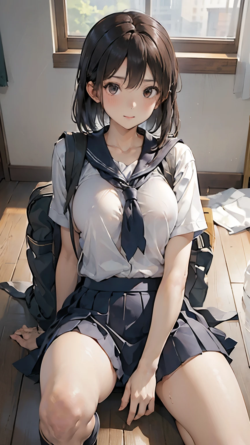 (((School Uniform Cosplay、))) ((summer clothing、 )) ((See-through panties、))  ((teats、Come Out、areola hollows,)) portlate、In a seductive pose、Raise your arms、Hands up、ultra-short hair、pubick hair、((( 陰核、 、Vaginal opening、Open the))) (( )) (((Spread your legs、Open your crotch、))) (((perspiring、 ))) a picture、​masterpiece、