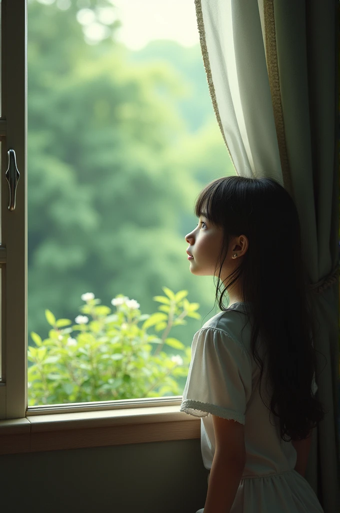 Create a photo of a girl seen inside a window