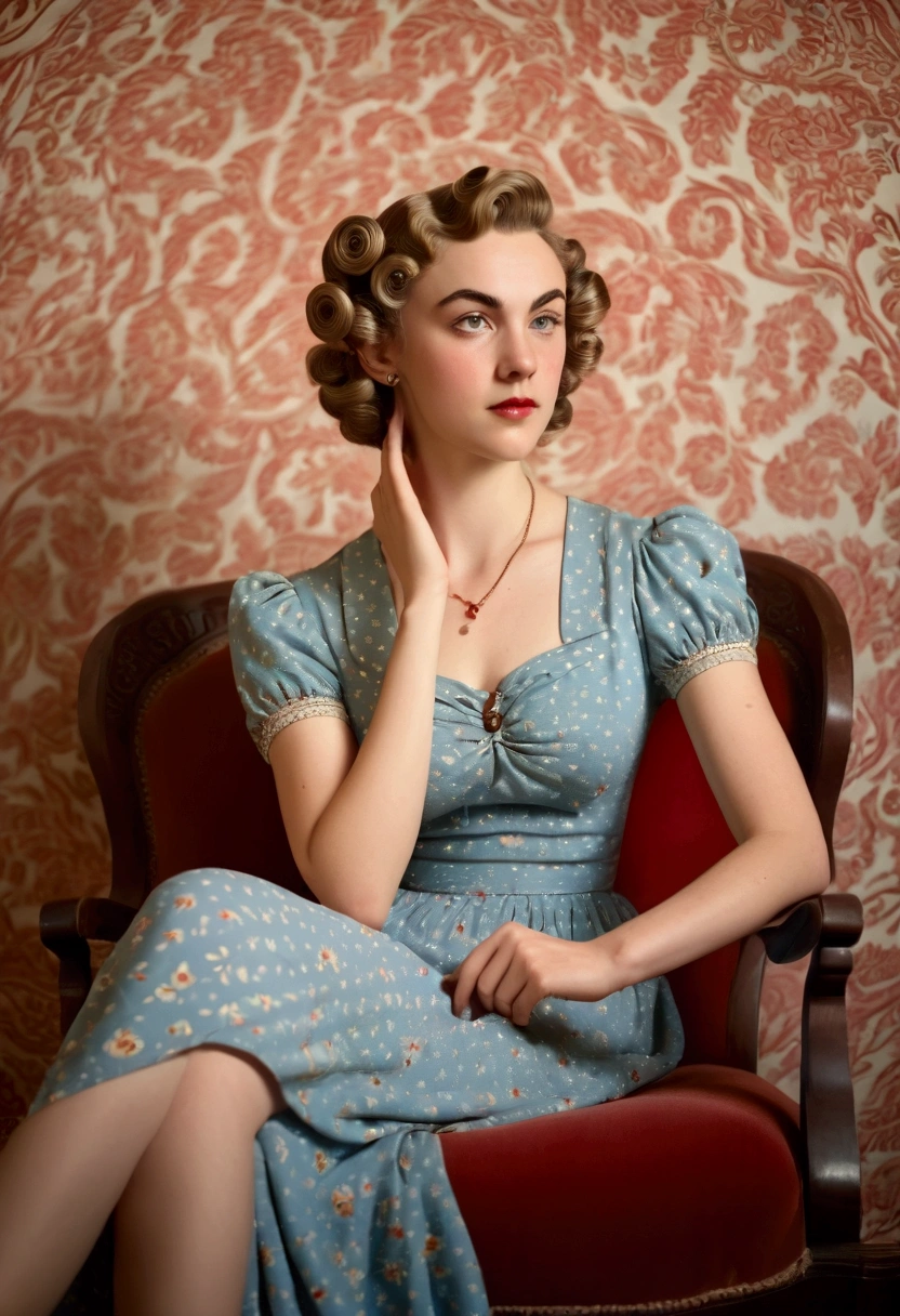 documentary photography of a well-built young woman as a ((demigod)) with ((pin curls hair)) In vintage clothes, authentically representing past eras and styles, dressed in patterned dress, white with blue spots, short sleeves, v-neckline, textured fabric, red wallpaper, ornate chair, vintage phone, patterned carpet, sitting, legs bent, relaxed posture, close-up, eye-level, soft light, at the lake, soft pastel lighting colors scheme, Pastel color palette, biopunk, (selfie:1.2), shot on Panasonic S1R with Lumix S 50mm f-1.4, photo by Iwan Baan
