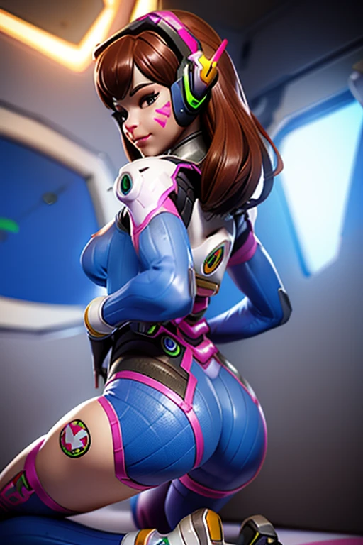 d.va_(overwatch), 1girl, whisker_markings, facial_mark, brown_hair, bodysuit, looking_back, headphones, solo, long_hair, ((showing ass)), pilot_suit, looking_at_viewer, brown_eyes, indoors, from_behind, breasts, meka_(overwatch), parted_lips, kneeling, bangs, facepaint, lips, (overwatch), medium_breasts, ribbed_bodysuit, skin_tight, artist_name, gloves, smile, (overwatch)