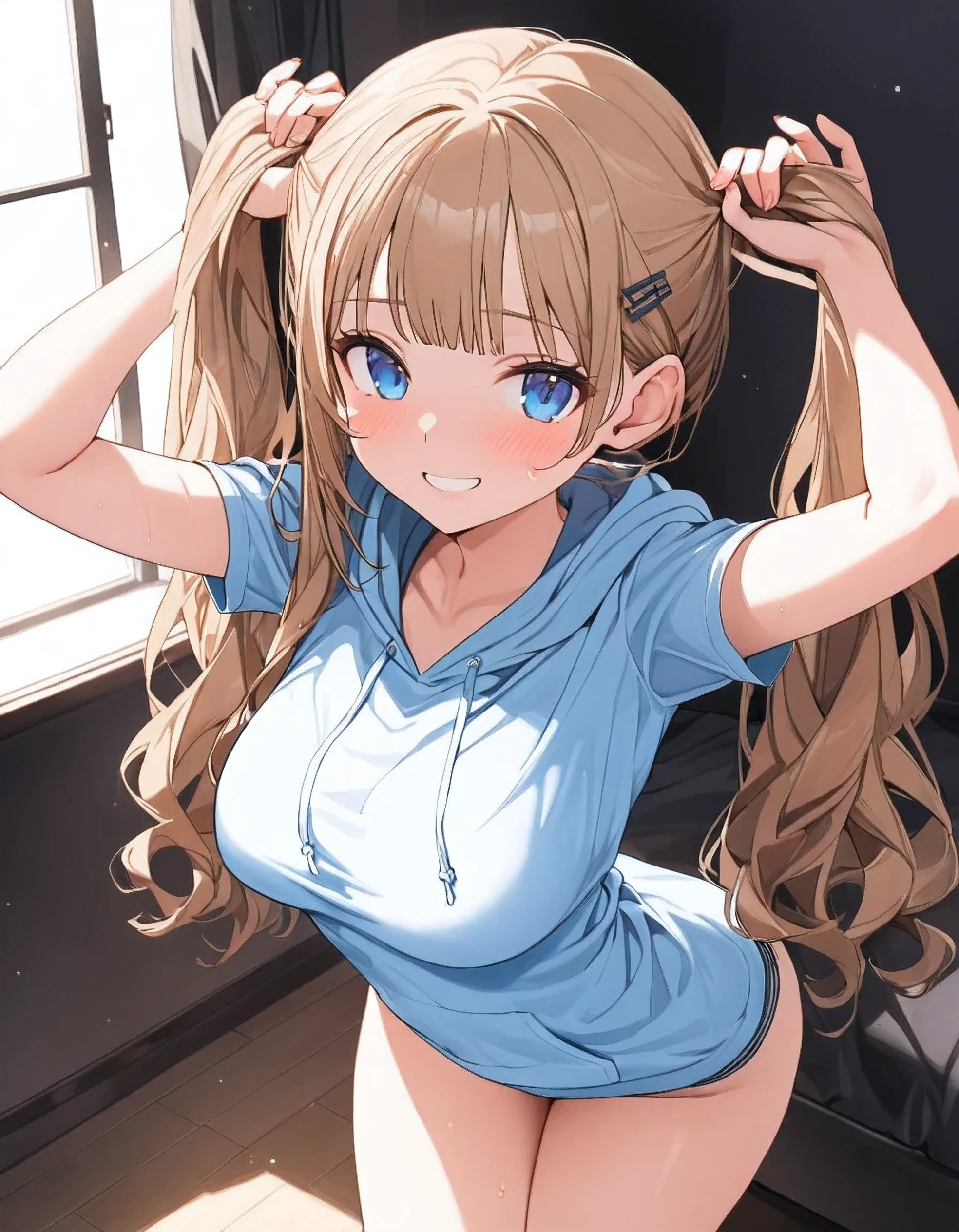 (SuperQuality:1.0), (SuperQuality:1.2), A shy yet affectionate girl, (petite fram:1.5), Semi long and soft wavy hair, light brown hair, bunching hair, ribbon tied on the side, (casual clothes, hoodie:1.3), large gentle amber eyes, deep blue eyes, soft oval face with slightly rounded cheeks, soft contours, (large breasts, natural round breasts, Fcup, slender waist), delicate and natural curves, standing in a relaxed and shy pose, smiling softly, hair slightly flowing in a gentle breeze, detailed facial features, soft lighting, ultra high detail, 8k ultra high resolution, emphasizing her kind and gentle personality, in the room, natural lighting, soft shadows,  (ultra high quality), (16k ultra high resolution), highly detailed skin, smooth skin, premium resolution, artistic composition, balanced contrast, soft shadows, smooth lighting, (premium details), subtle blush