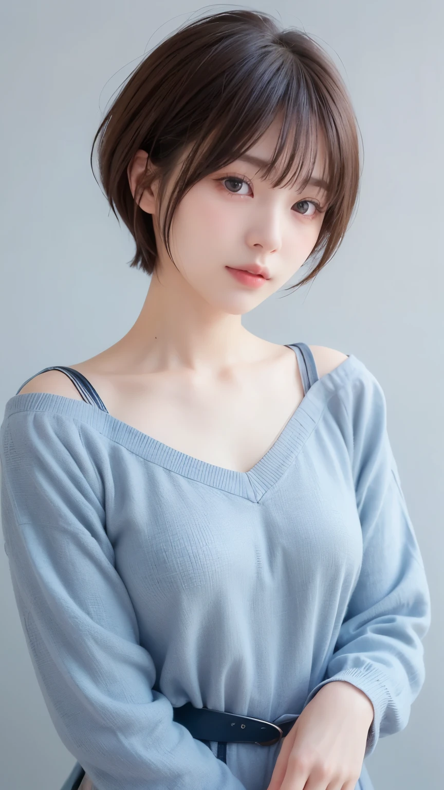 Very cute girl、、Short Hair、Gray Hair、Reduce hair volume、Blue background、Upper Body、(Upper Body写真:1.5)、Eyes focus、Collared shirt、Laughter、、(8k、RAW Photos、Best Quality、masterpiece:1.2)、(Realistic、Realistic:1.3)、、The depth of the written world、Wide Light、High contrast、(Shine:1.4)、chromatic aberration、Sharp focus、RAW color photos、Cinema Lighting、8k resolution、