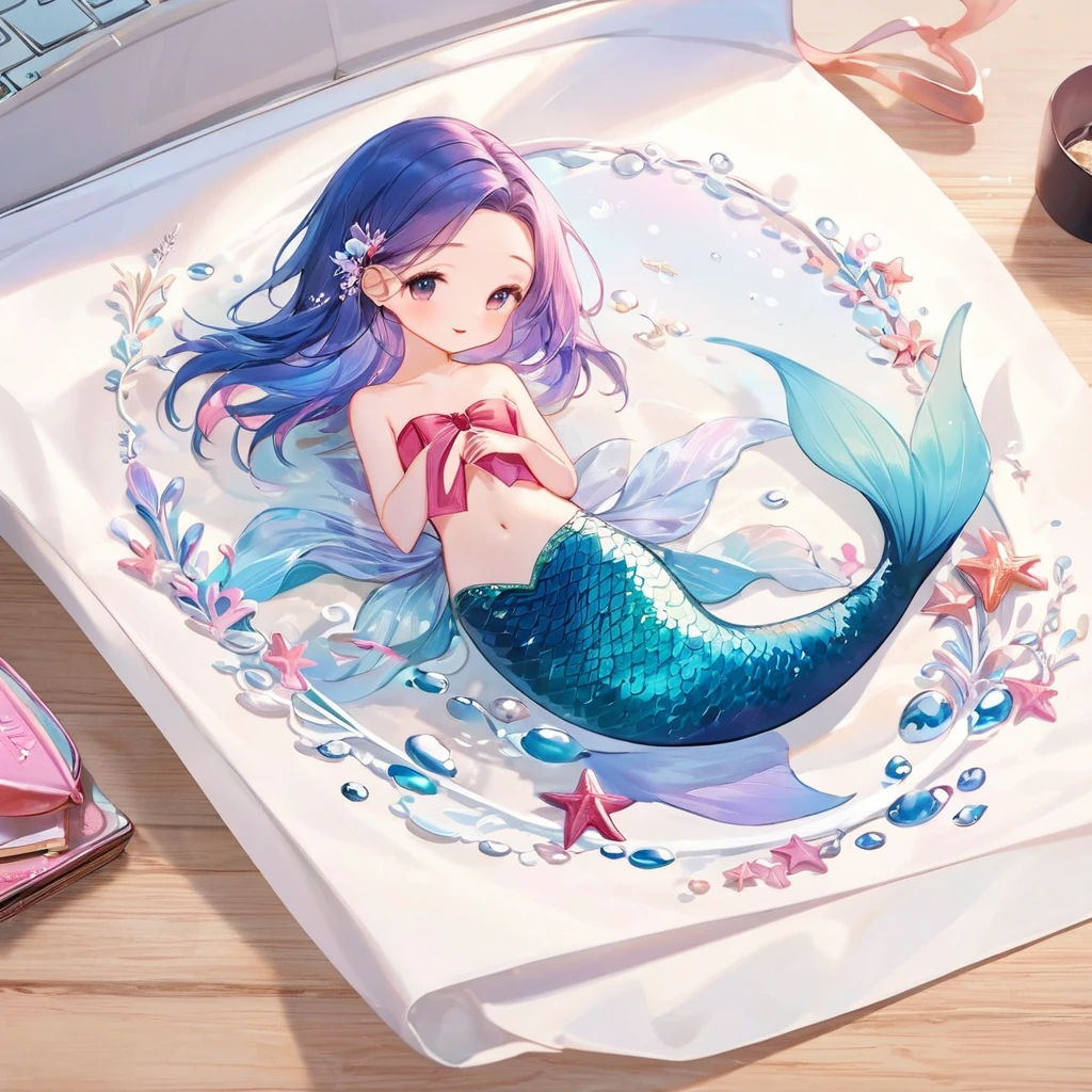 Make a vertical poster of the 6-year-old mermaid with straight bangs cartoon art