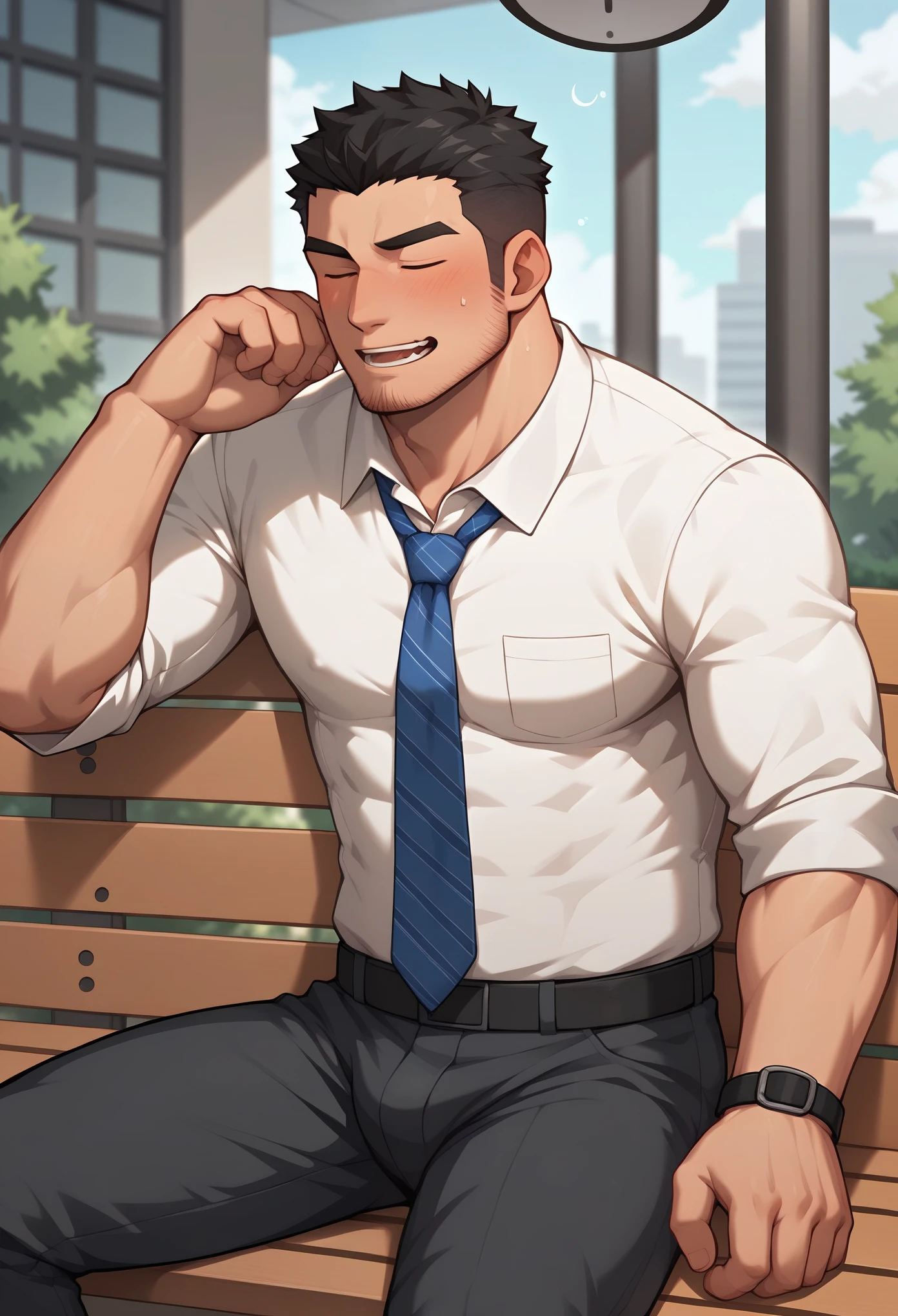 A male office worker is drunk and sleeping on a bench in a park at night. His shirt is open, exposing his skin. The office worker is a Japanese man in his 30s with short black hair, a bulky and slightly hairy body, and wearing a shirt, tie, and slacks.