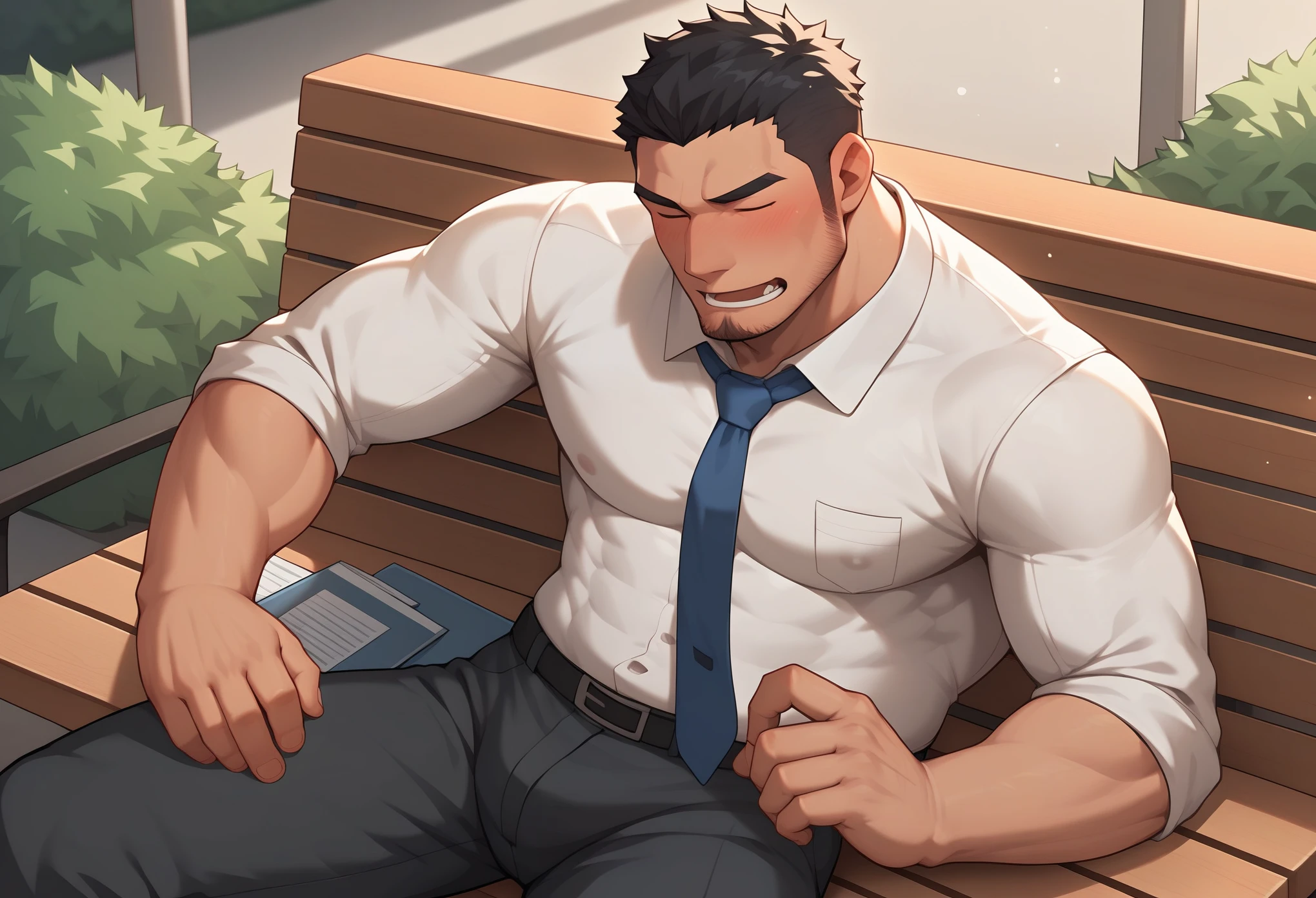 A male office worker is drunk and sleeping on a bench in a park at night. His shirt is open, exposing his skin. The office worker is a Japanese man in his 30s with short black hair, a bulky and slightly hairy body, and wearing a shirt, tie, and slacks.