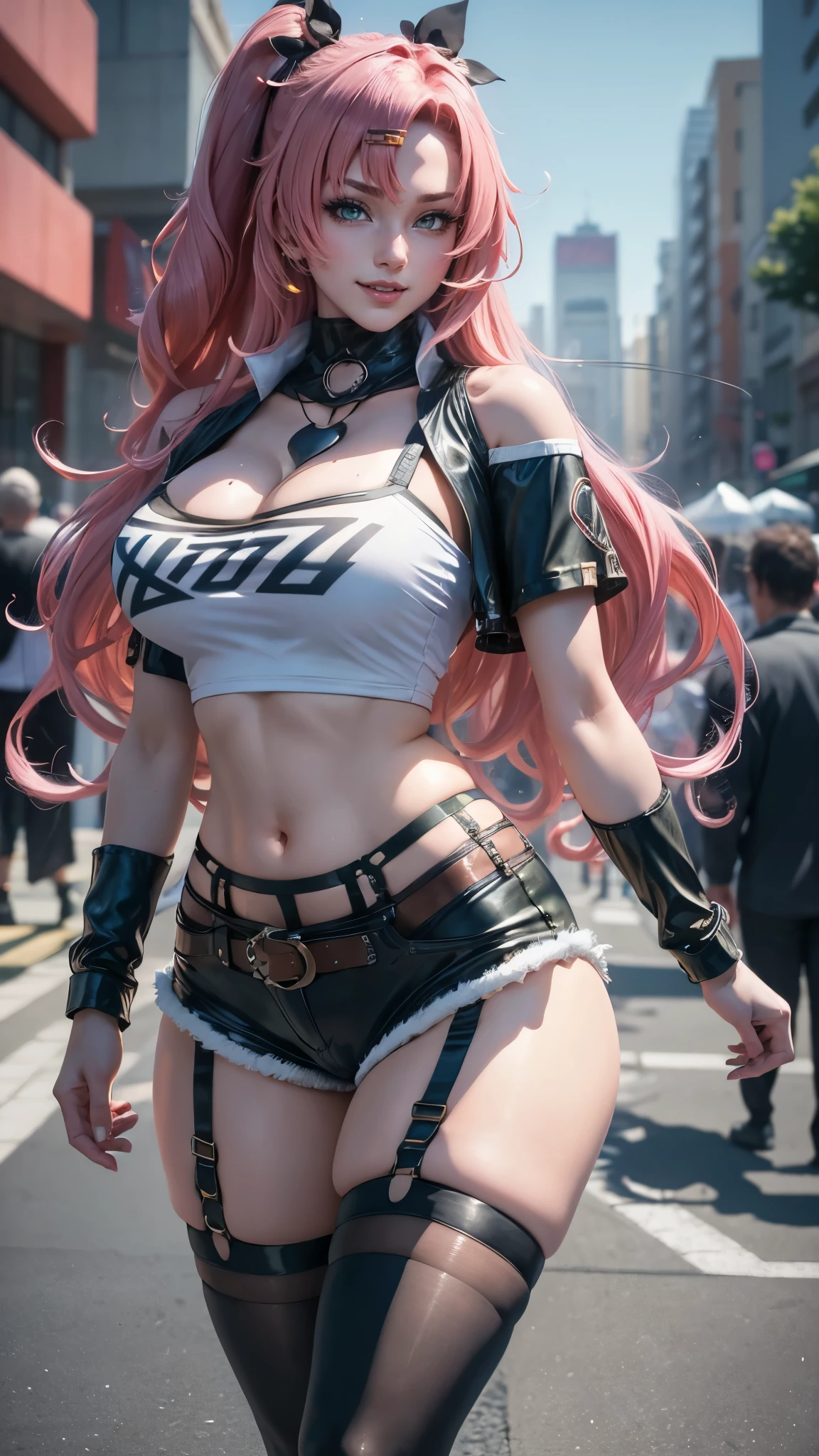 Nicole demara da zenless zone zero,(best qualityer,4K,8k,high resolution,work of art:1.2)(weather: windy), tokyo street background, shopping district, wide hips, thick thighs, long curly hair, pink hair, cropped shirt, short sleeve cropped jacket, tight micro shorts, boots, thigh high stockings, garter belt, flirting pose, ultra detailed,portrait,realistic,beautiful detailed green eyes, beautiful detailed lips,extremely detailed eye and face, long eyelashes,average, large breasts,flying hair,beaming smile, sexy smile,powerful girl, bright coloured, dramatic lighting,