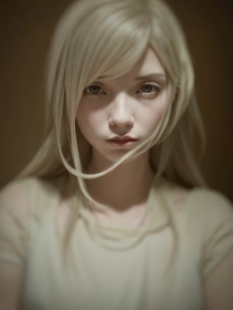 Brazilian woman with brown skin and long, high-textured blonde hair, with realistic caramel brown eyes, looking at the camera