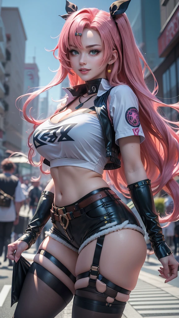 Nicole demara da zenless zone zero,(best qualityer,4K,8k,high resolution,work of art:1.2)(weather: windy), tokyo street background, shopping district, wide hips, thick thighs, long curly hair, pink hair, cropped shirt, short sleeve cropped jacket, tight micro shorts, boots, thigh high stockings, garter belt, flirting pose, ultra detailed,portrait,realistic,beautiful detailed green eyes, beautiful detailed lips,extremely detailed eye and face, long eyelashes,average, large breasts,flying hair,beaming smile, sexy smile,powerful girl, bright coloured, dramatic lighting,