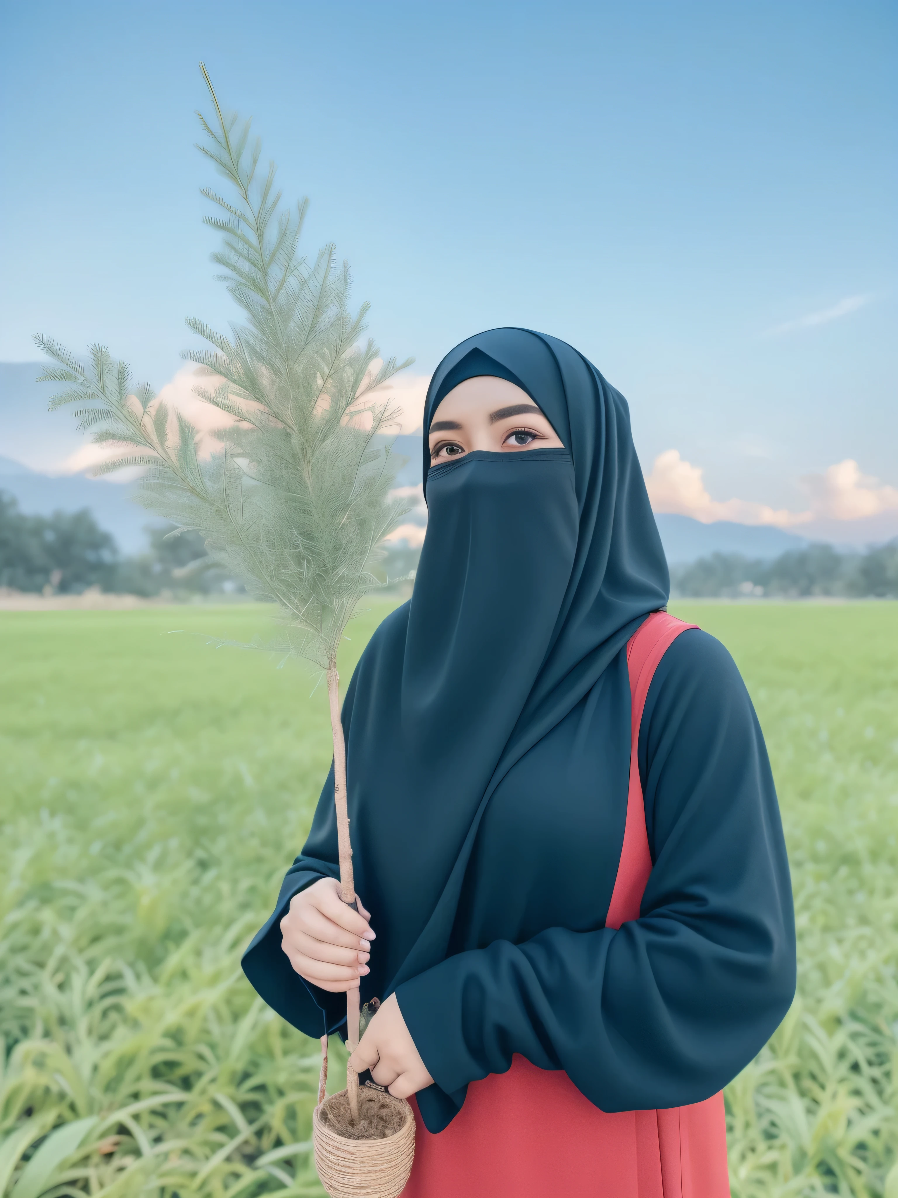 arafed woman in a black hijab holding a plant, inspired by Naza, hijab, face is wrapped in a black scarf, beautiful burqa's woman, inspired by Fathi Hassan, background is heavenly, malaysian, wearing black clothes and cape, inspired by Shaddy Safadi, with no face, malaysia with a paddy field, with a long black cape,HD, (finest details), (best quality), Merry, Christmas decorations, night, Christmas theme, Christmas gifts, Christmas tree, best quality, high resolution, Christmas decorations, lights, snowflakes, (( (Red Christmas hat))),
