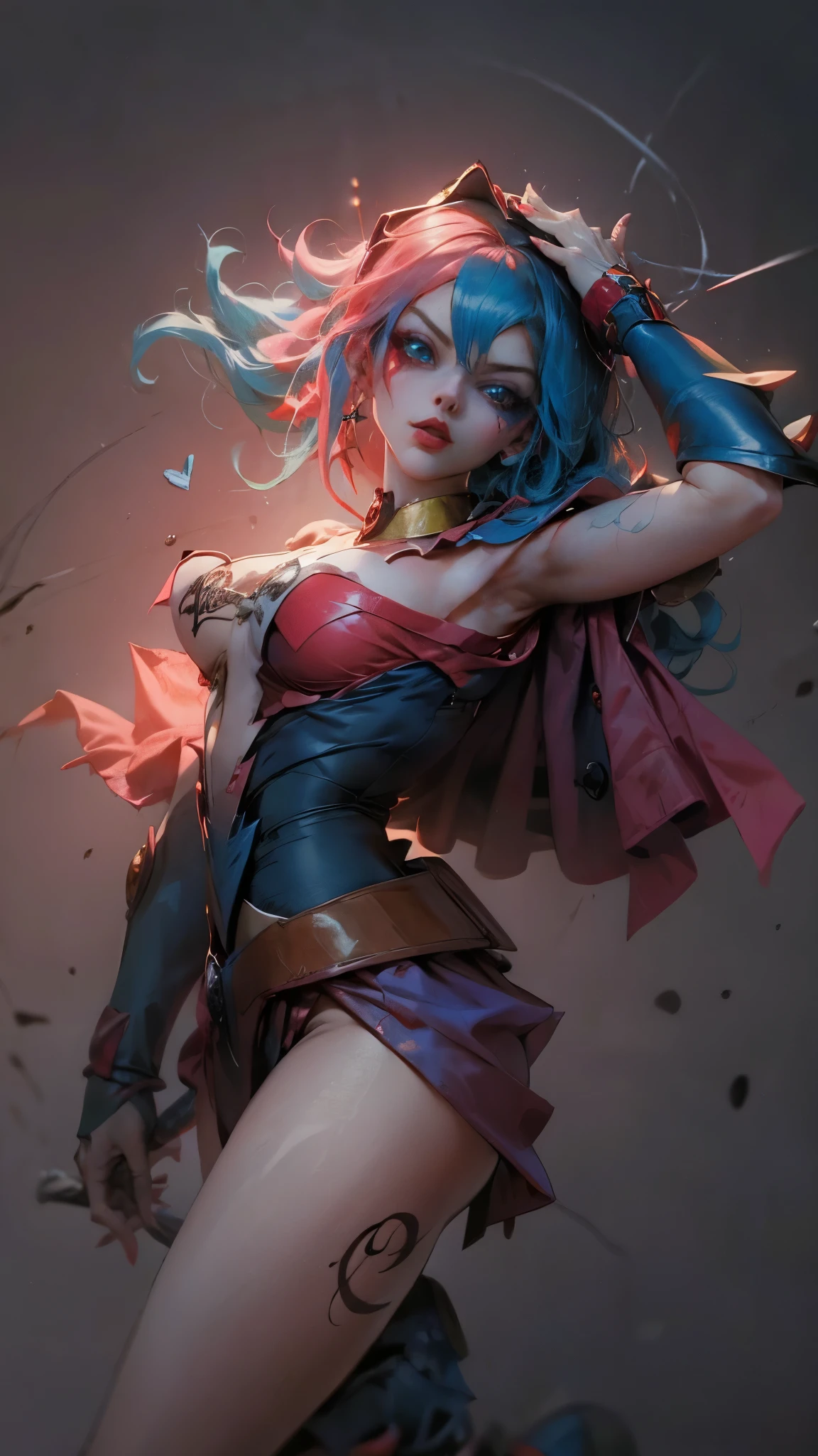 Beautiful and sensual dark magician gils dressed as Harley Quinn. red and blue hair. red lips. Blue eyes. Sensual and threatening pose. Background explanation of love.