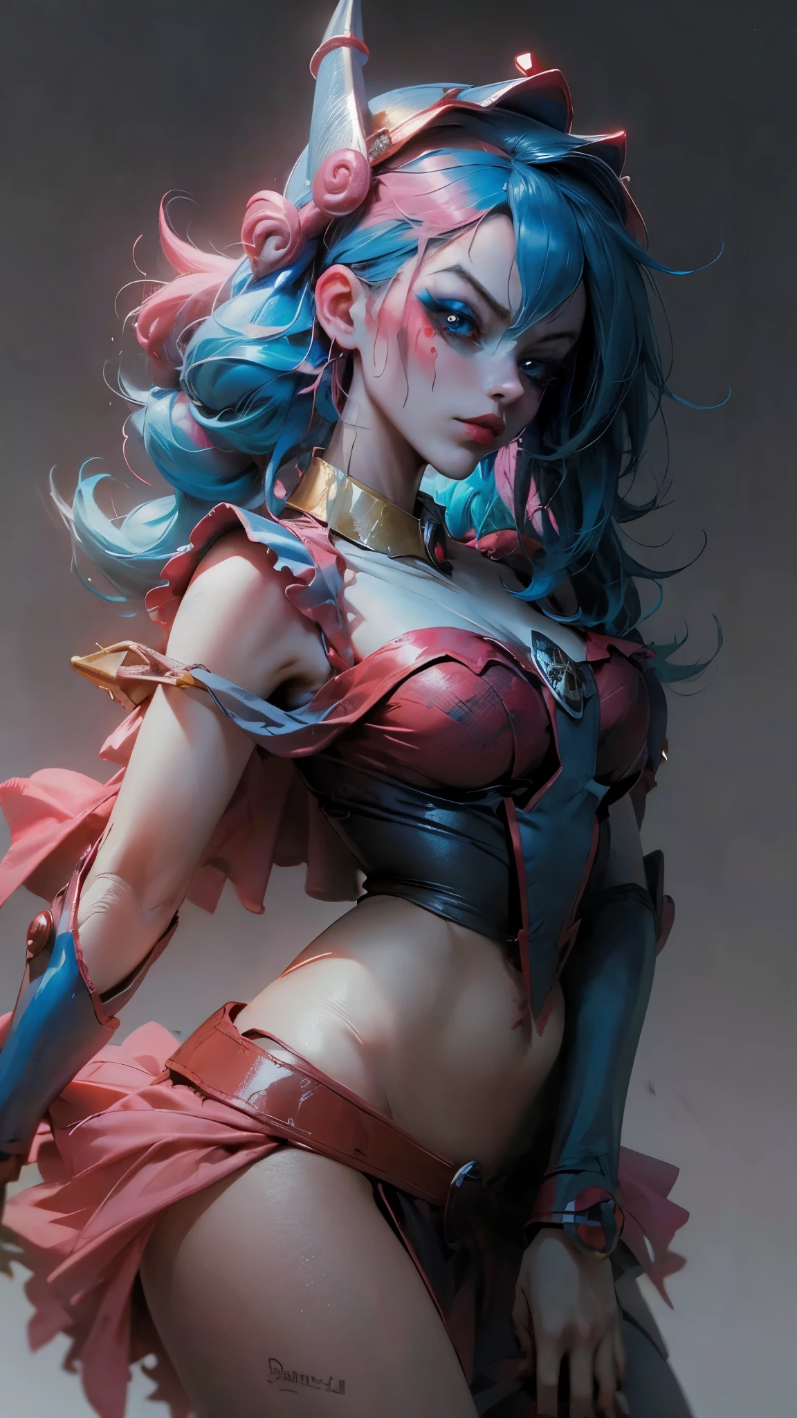 Beautiful and sensual dark magician gils dressed as Harley Quinn. red and blue hair. red lips. Blue eyes. Sensual and threatening pose. Background explanation of love.