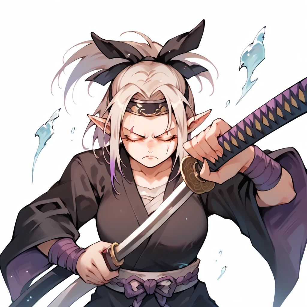 1girl, Solo, Closed Eyes, Purple Ponytail, Breasts, Long Pointy Ears, Closed Mouth, Frown, Blind Girl, Black Samurai Clothes, Simple Background, Hairband, Scar Across Eye, holding a katana, tall girl, pretty face, POV, manga style