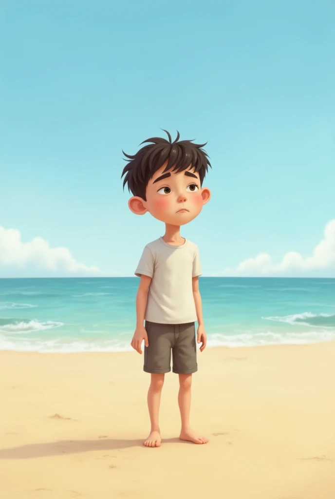 Little boy with short blue sleeves, White shorts, Seaside, Semi-realistic, Cute buttocks
