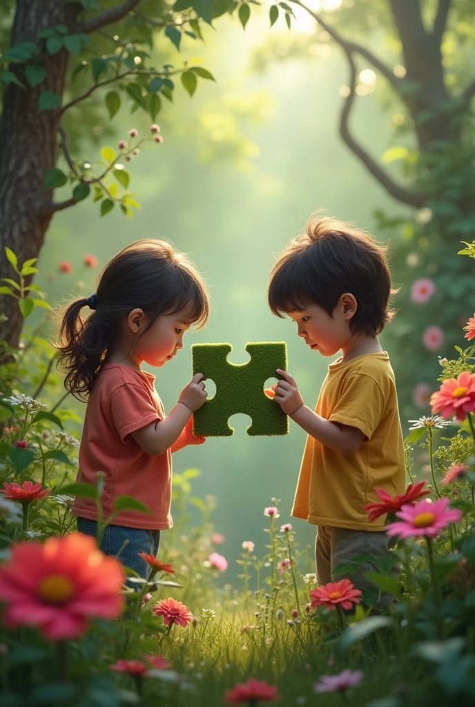 A puzzle piece in the hands of two chilerens in a garden without the face