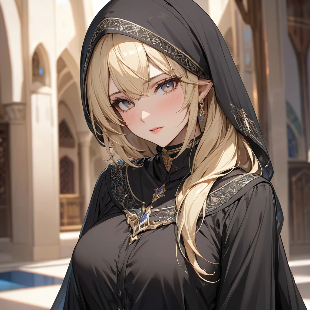 ((Best Quality)), ((masterpiece)), (detailed), （Perfect Face）、The female high elf is Seras Ashlain, a Muslim high elf with medium blonde hair wearing a black abaya and hijab.