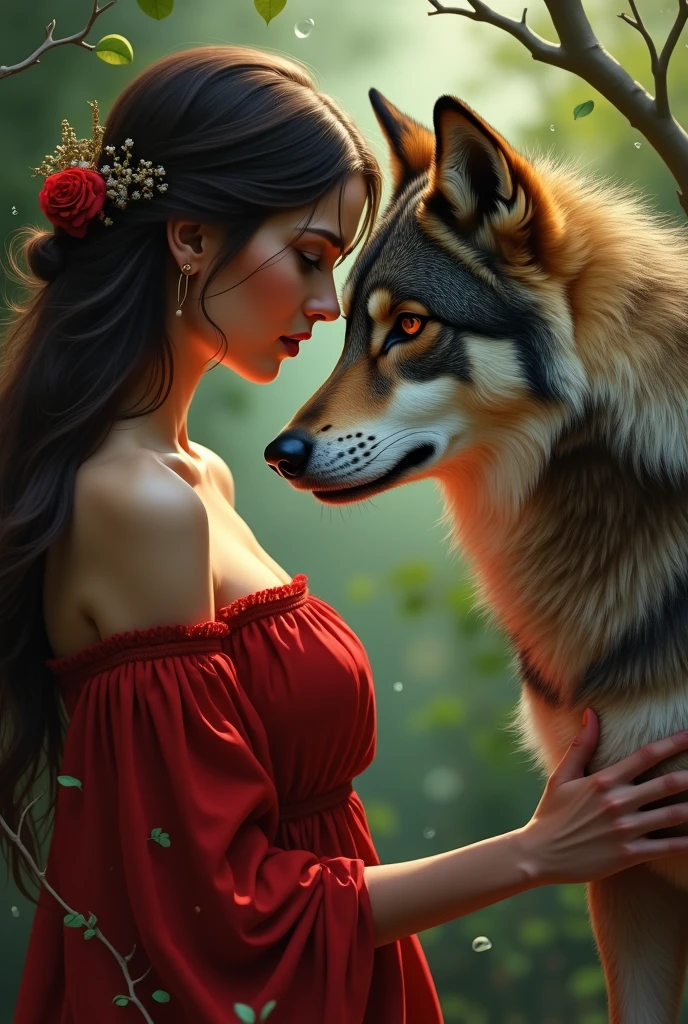 woman with long dark brown hair and red eyes and a red dress touching a wolf with reddish fur and light brown eyes.