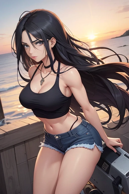 Cel-shaded, color manga, seed 156378292, the background is a sunset harbor. The character is a beautiful woman with long black hair and sharp eyes. Her hair is flowing in the wind, reaching her shoulders with a smooth texture. Her face has a sharp contour, with particularly high cheekbones and a well-defined jawline. Her eyes are blue, giving off a strong impression. Her eyebrows are thin, sharp, and straight, designed to convey strength and confidence. Her nose is straight and prominent, and her lips are tightly closed. Her lips are somewhat thin, and her expression is calm but hints at anger. She is wearing a black tank top and denim shorts, with a skull pendant necklace around her neck. She has a large chest and a muscular yet feminine curvy figure. She is holding two black pistols, mid-action, with bullets already fired. Her pose is powerful, with her charisma strongly emphasized against the sunset backdrop. Ensure the image captures her full-body angle, displaying her entire figure from head to toe