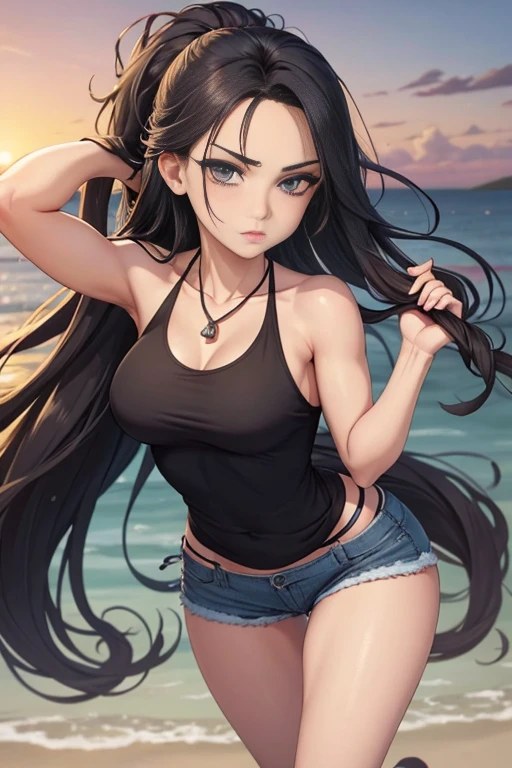 Cel-shaded, color manga, seed 156378292, the background is a sunset harbor. The character is a beautiful woman with long black hair and sharp eyes. Her hair is flowing in the wind, reaching her shoulders with a smooth texture. Her face has a sharp contour, with particularly high cheekbones and a well-defined jawline. Her eyes are blue, giving off a strong impression. Her eyebrows are thin, sharp, and straight, designed to convey strength and confidence. Her nose is straight and prominent, and her lips are tightly closed. Her lips are somewhat thin, and her expression is calm but hints at anger. She is wearing a black tank top and denim shorts, with a skull pendant necklace around her neck. She has a large chest and a muscular yet feminine curvy figure. She is holding two black pistols, mid-action, with bullets already fired. Her pose is powerful, with her charisma strongly emphasized against the sunset backdrop. Ensure the image captures her full-body angle, displaying her entire figure from head to toe