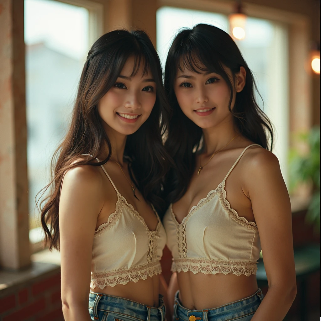 (2girls:1.3), Extremely cute face, Amazing face and eyes, (Highly detailed eyes, Highly detailed face), (Hyper-realistic, hight resolution), (Best Quality:1.4), Raw photo, (Realistic, Photorealsitic:1.37), Professional Photography, Cinematic Light, (Amazing breasts:0.9), (lace bra, Lace miniskirt:1.5), (Uniform with open chest), Smile slightly, Staring at me, plein air, city, illumination, Christmas tree, Christmas Lights, Christmas Ornaments, best night,
