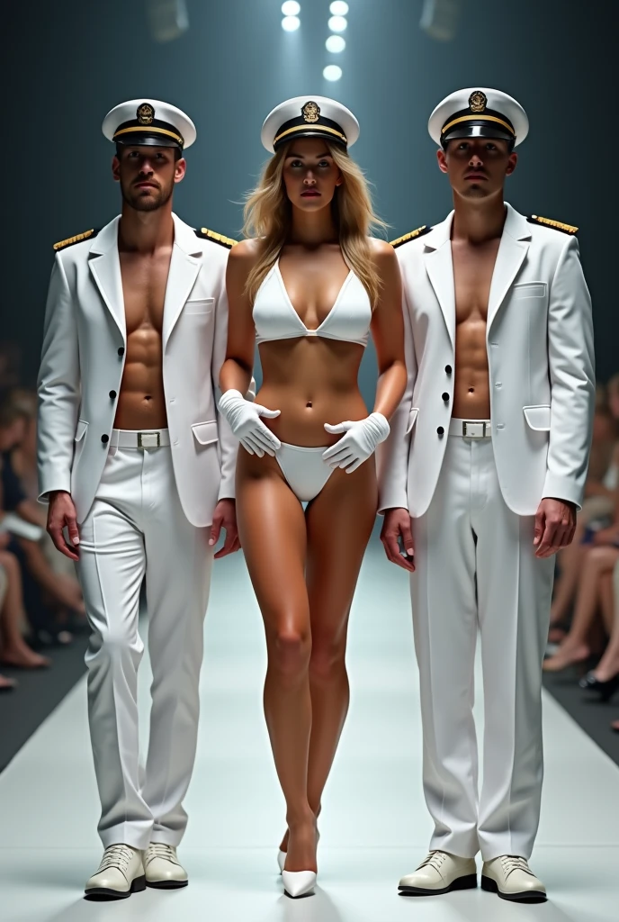 Two small men and a tall blonde woman wearing white bikini at fashion show