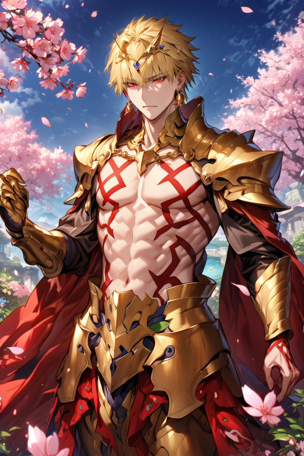 absurdres, highres, ultra detailed, HDR, master piece, best quality, extremely detailed, detailed eyes, detailed face, Gilgamesh, blonde hair, short hair, expressive red eyes, Fate Grand Order, solo, sexy man, handsome, sensual, adult face, toned chest, golden armor, golden necklace, golden earrings, red tattoo, garden, green leaves, cherry blossoms, pink flowers, fantasy, magical, water