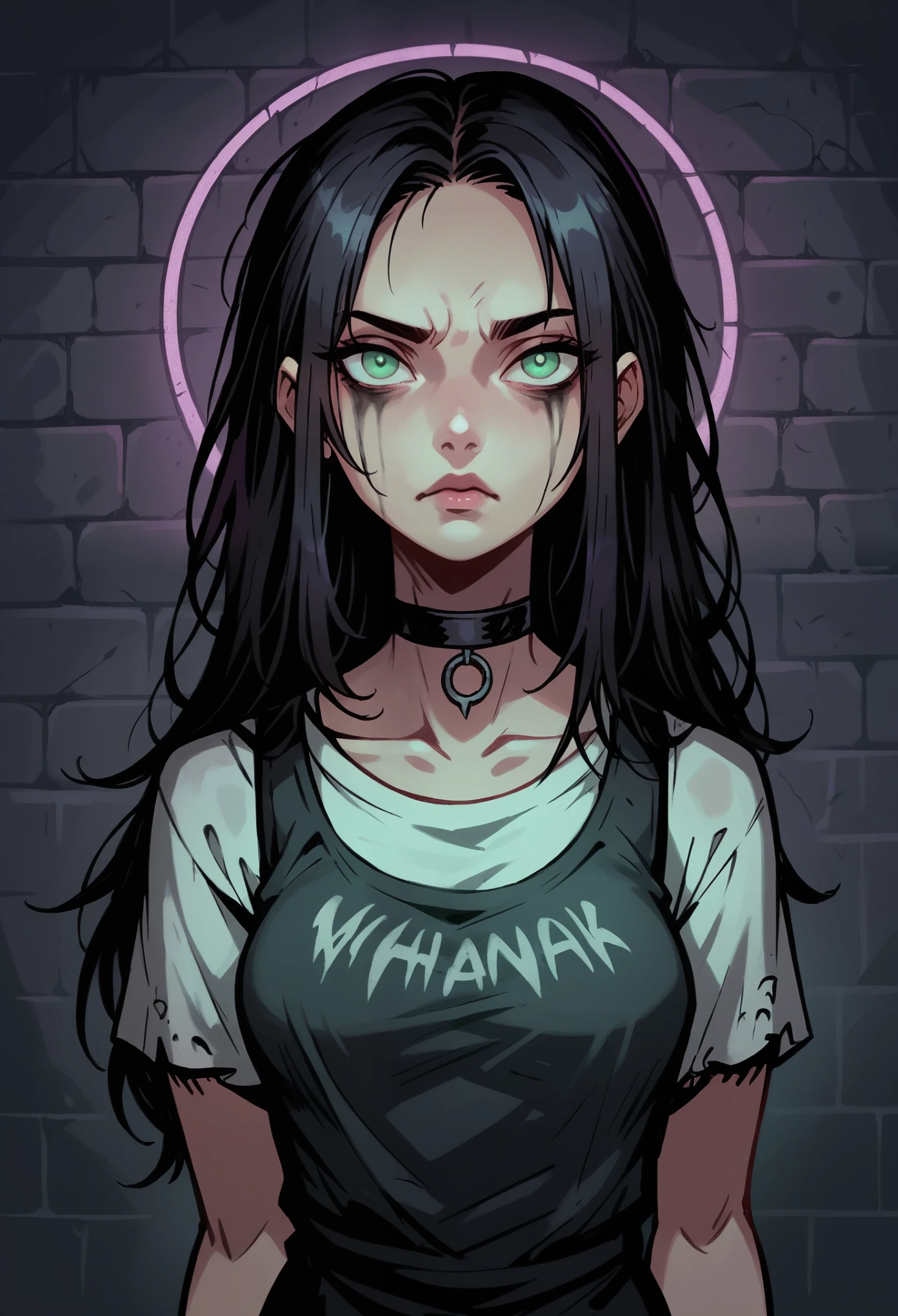 Medium symmetrical close-up of mestizo, slender girl, long hair, black hair, slightly ran mascara. Pawn tatoo on cheek. Detailed green eyes and bored expression, looking directly at the viewer, with a finely detailed, ultra-clear face. She wears a choker. She wears white t-shirt and black Punk Sleeveless Dress. Black nails. The design with thick outlines and dramatic lighting, inspired by Chris Bourassa. Violet neon disk behind. The background features a weathered brick wall with violet neon lights, creating dark and atmospheric scene. Highly detailed, inspired by Chris Bourassa's. Dramatic lightning, thick outlines.
