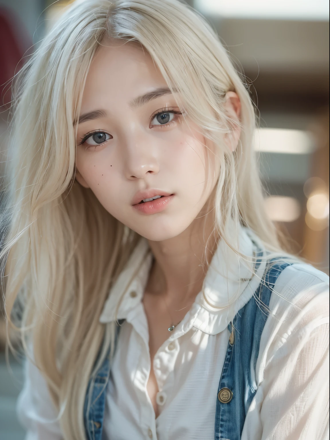 (RAW Photos:1.2), (Realistic:1.4), Cinema Lighting, Beautiful detailed 1 Japanese woman, Very detailed eyes and face,  ((wearing front button opening white browse, no bra and denim shorts)), ((Camel Toe)), Beautiful attention to detail, High resolution, Very detailed, Highest quality, masterpiece, Long white hair,  (Dynamic pose), (Sexy pose),  (Bent knees), nsfw, upshorts, from below