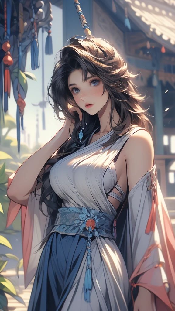 Yuna from final fantasy, best quality, masterpiece, detailed image, 16k, closeup full body, wearing cowboy jacket, big tits