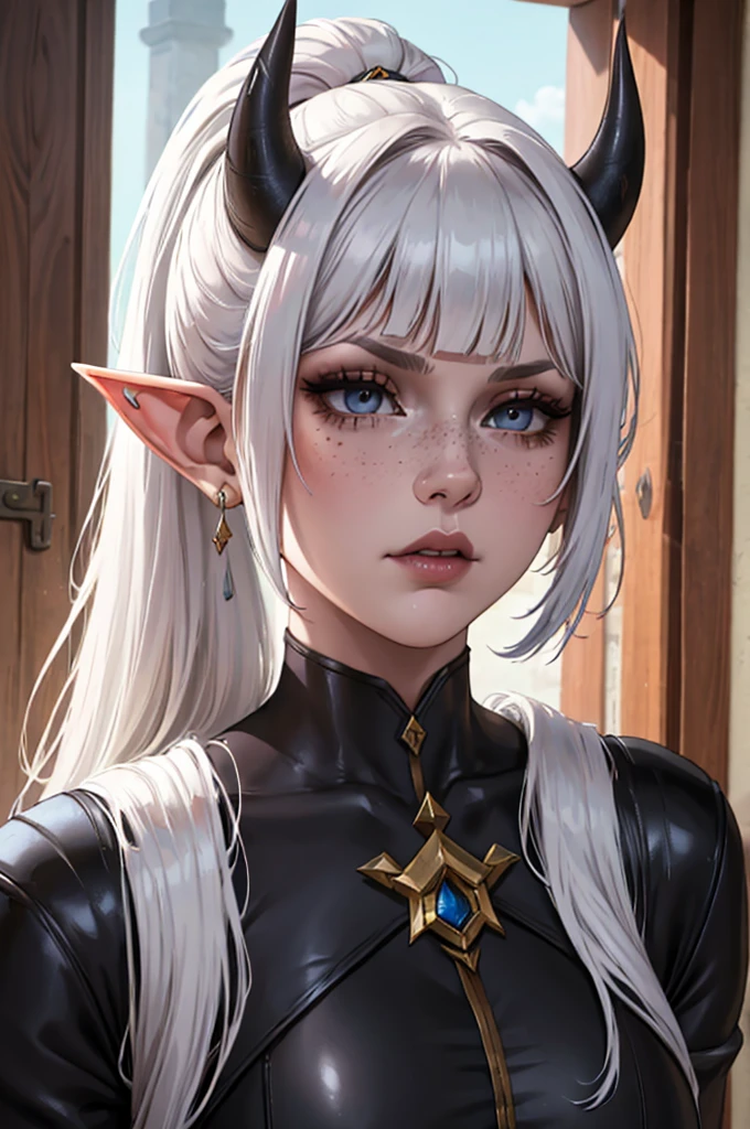 cold and evil facial expression, double ponytail, bangs, white demon horns, a close up of a big female, calm expression, portrait, big tall mature body, medium length hair, bangs, two ponytails sexy big body, very tall, big body, mature face, big elf female with freckles, light grey eyes, pointy ears, freckles, many freckles on face, white horns, metal plate armor, unreal 5. rpg portrait, 8k portrait render, unreal engine 5, beautiful female elf, unreal engine character art, female character, female lead character, there is a woman in a black leather outfit posing for a picture, gorgeous goddess