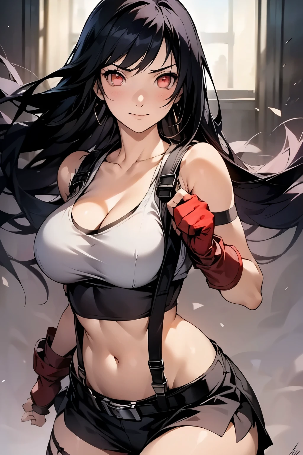 (white tanktop) , (long hair), black hair , ((masterpiece)) , best quality , tifa lockhart, final fantasy vii , 1 girl, bangs, bare shoulders, belt, black belt, black gloves , black skirt, cleavage, clenched hands, closed mouth, collarbone, crop top, earrings, elbow gloves, fingerless gloves, floating hair, gloves, hair behind ear , jewelry, lips , low-tied long hair, midriff, miniskirt , red eyes, red gloves, shirt, sidelocks, signature , sleeveless, stomach, suspenders, swept bangs, taut clothes, taut shirt, thighs, clenched hands , fighting pose