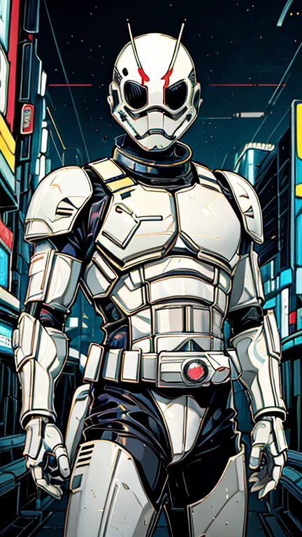 (8k),(masterpiece),(Japanese),( boy),((innocent look)),((Childish)),From the front, upper body, Cowboy shot, white helmet, white domino mask, white mask, storm trooper suit,Bald,No Hair, Standing, Daylight, bright, cyberpunk city,Kamen rider,camisa