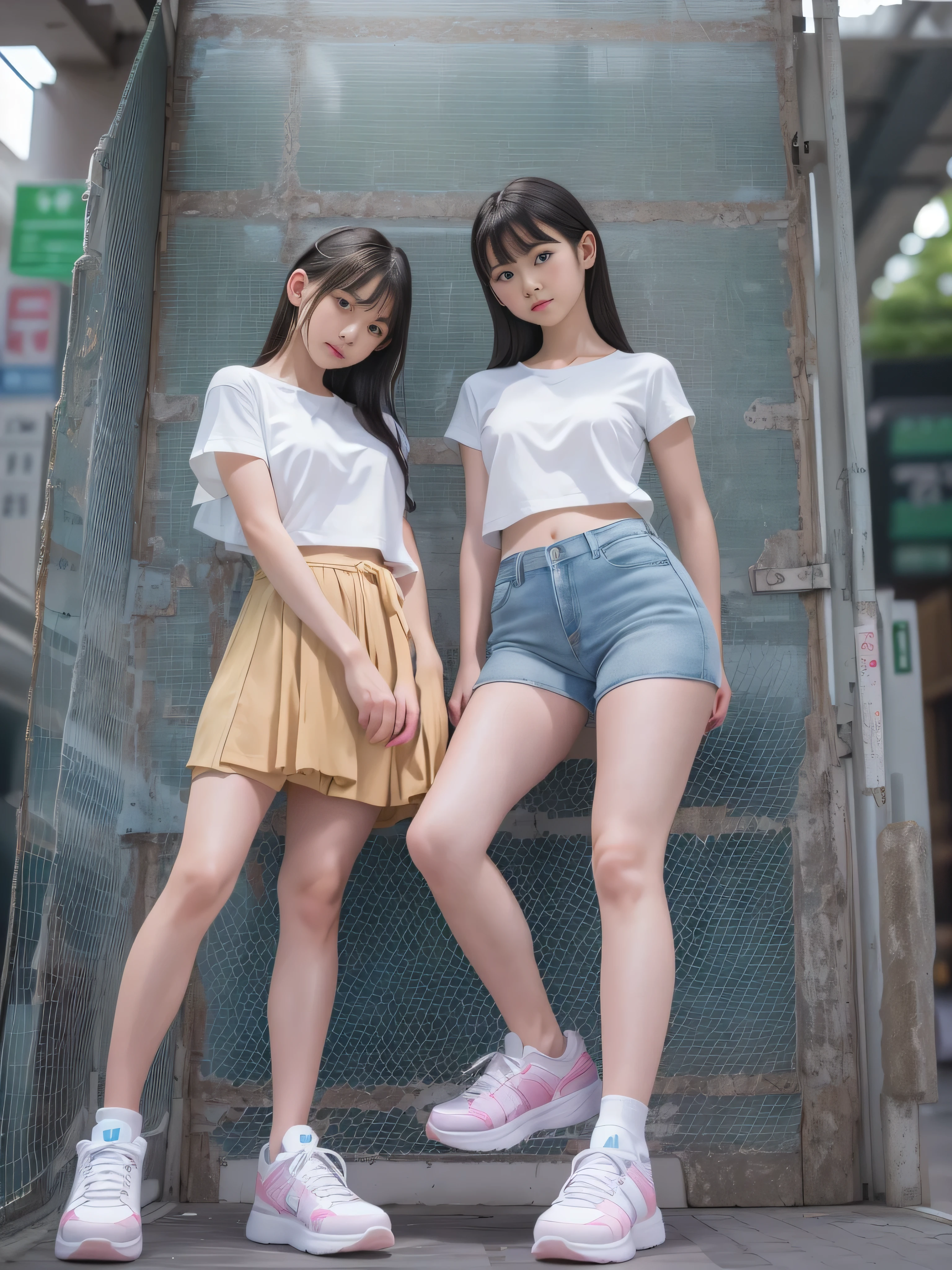 Beautiful girls dressed up as schoolgirls from the 1970s in a Japanese elementary school.,she is cute and beautiful like an idol.,She is pure and innocent.,She is wearing a white T-shirt,Extremely short, tight, and skinny denim shorts,High socks and sneakers.Short Bob.Ten-gallon hat,Western Boots