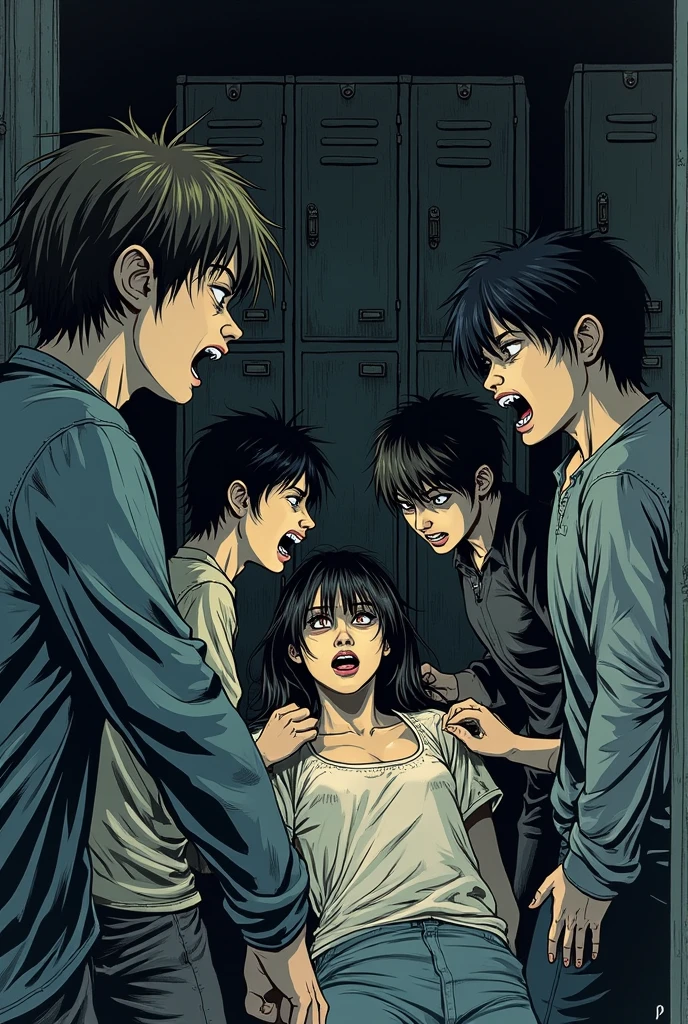 Horizontal paintings are drawn in manga style , the scene of one side being humans, the other side being zombies rushing to bite and kill each other