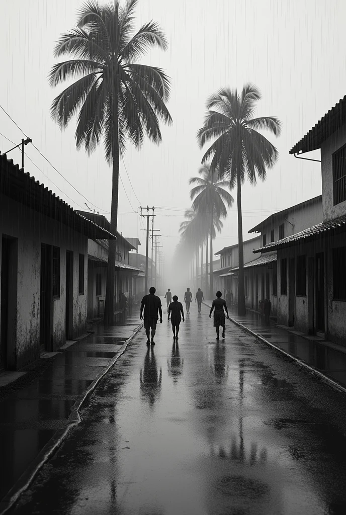 Full body image of handsome Japanese 2 boys agers, 18 year olds standing with their sideways backs to the viewer, turn half face to take a shower in the middle of a rainy Bangkok alley, naked ass,